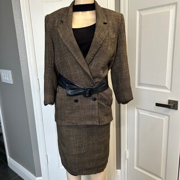 Vintage 80s Leana Winston Skirt Suit Set Brown Tweed Blazer & Skirt Size 8 - Picture 1 of 9